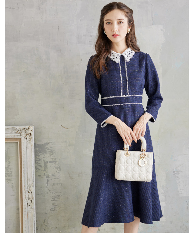2WAYレース襟付きラインレース×ツイードワンピース 