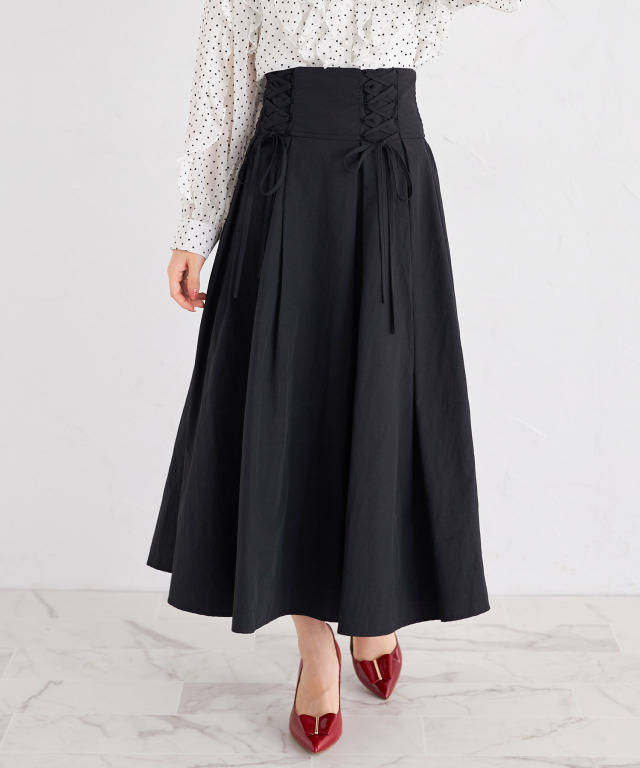 ウエストサイドレースアップ無地フレアスカート 