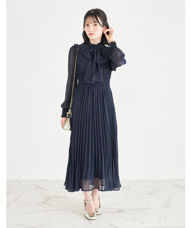 2WAYボウタイリボン付きウエストシャーリングシフォンプリーツ 