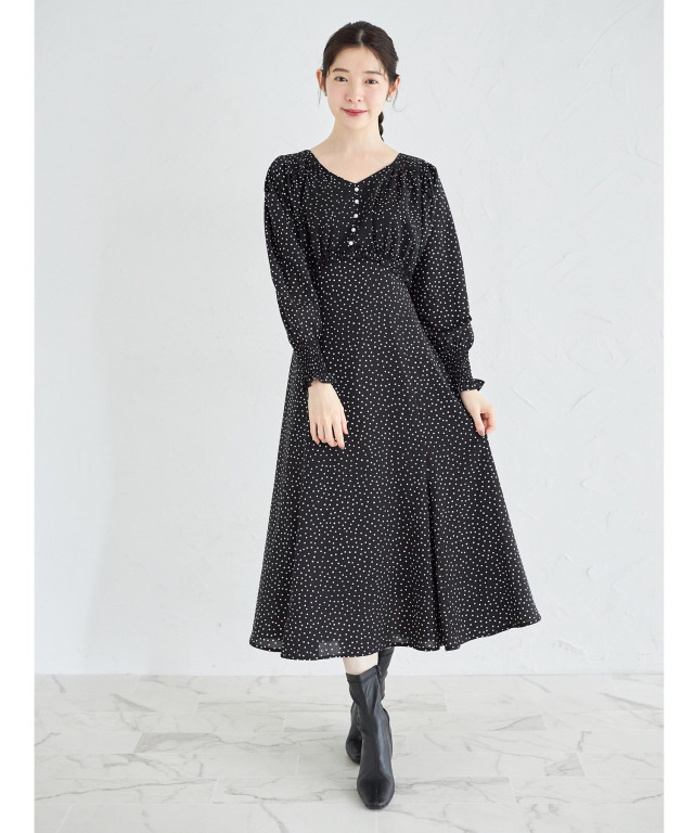 ウエストりぼん付きパール＆フリル装飾ドットワンピース 