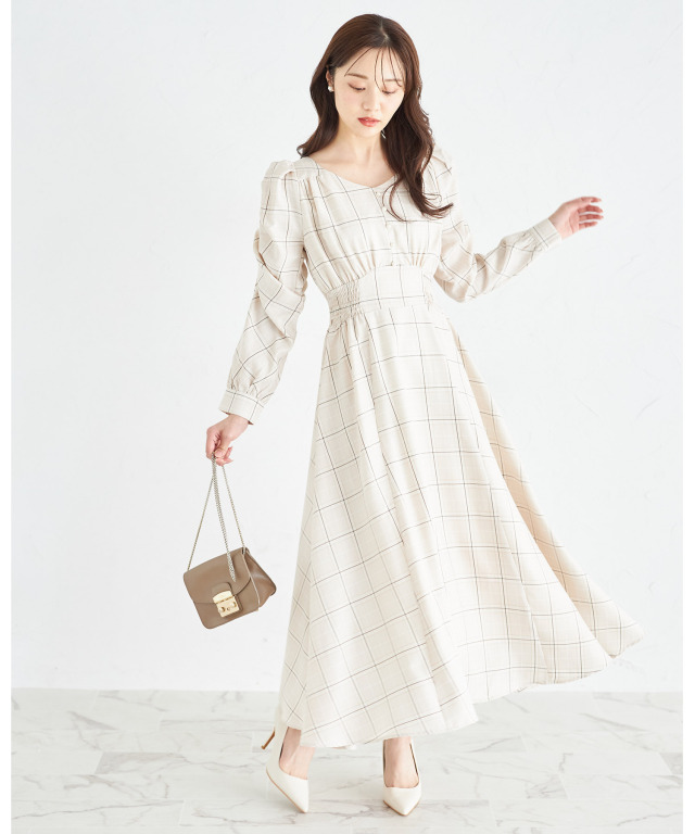 パール付きチェック柄パワーショルダーワンピース 