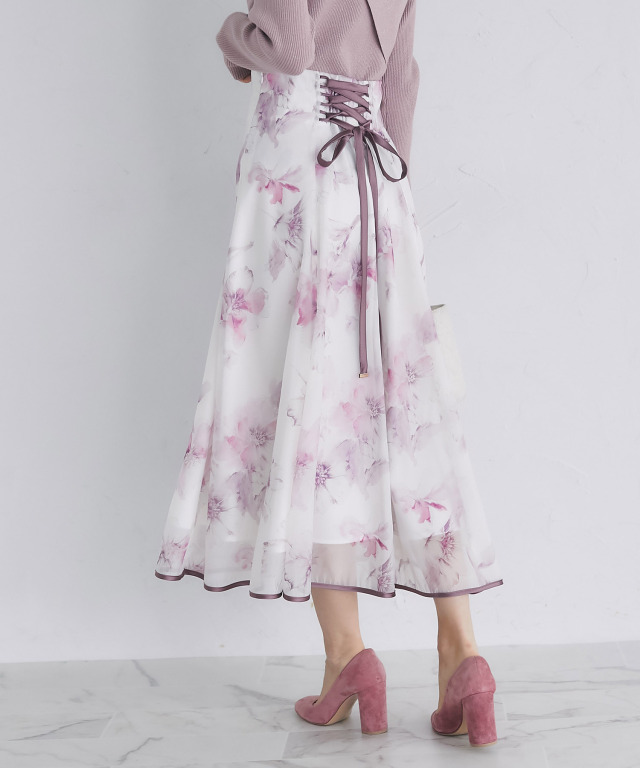 バックレースアップフラワープリントフレアスカート 