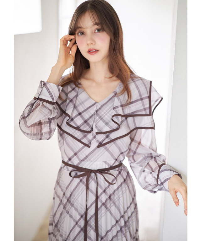 ウエストリボン付きビックカラーチェックプリーツワンピース 