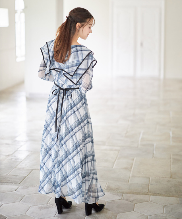 ウエストリボン付きビックカラーチェックプリーツワンピース 