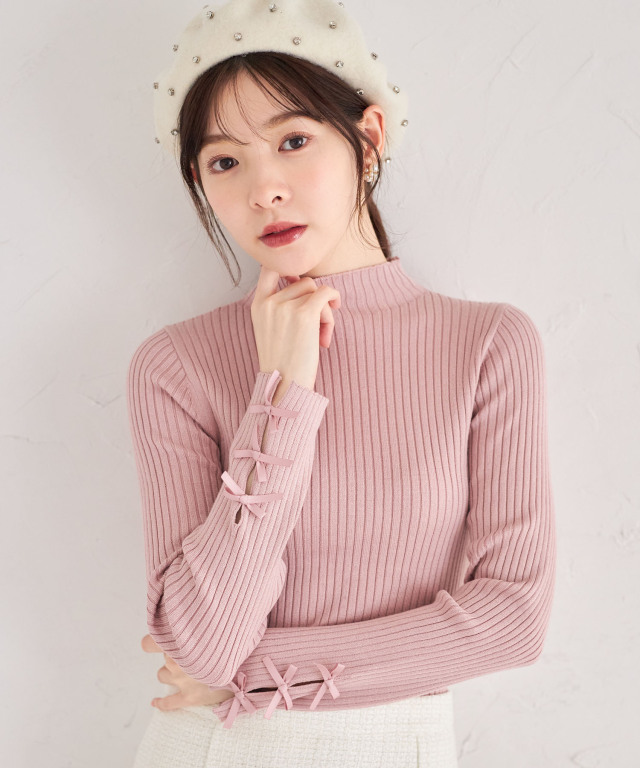 袖口リボン付きプチハイネックリブニットプルオーバー 
