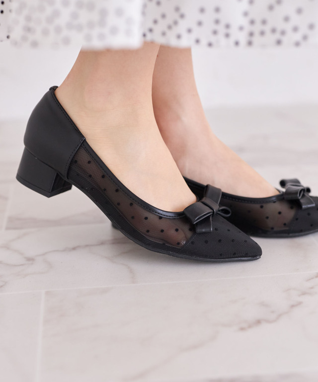 リボン付きドットチュールパンプス