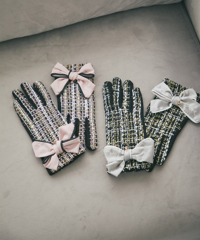 aro1207pon専用 スマホタッチ対応♪裏起毛リボン付きツイードグローブ
