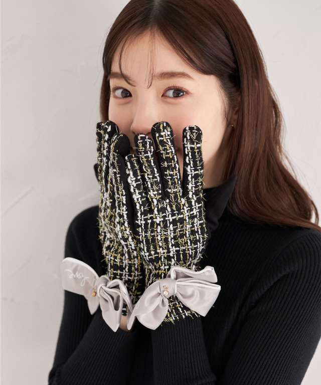 スマホタッチ対応♪裏起毛リボン付きツイードグローブ