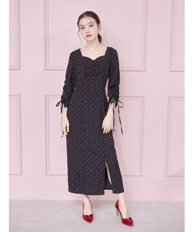 リボン付きドロストスリーブチューリッププリントワンピース 