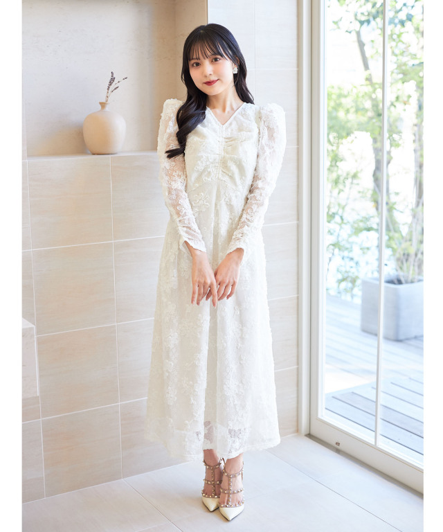 後ろリボン付きパワーショルダーフラワーチュールレースワンピース 