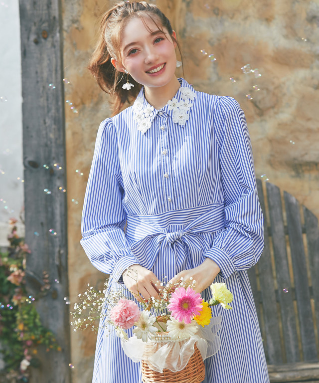 ウエストリボン付き立体フラワーレース装飾ストライプシャツワンピース 