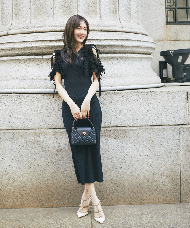 黒 ロング ワンピース ウエスト紐 スタイル ランバンコレクション  