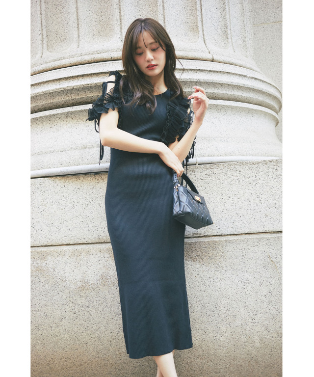 リボン付きシフォンプリーツフリル切り替えリブニットワンピース