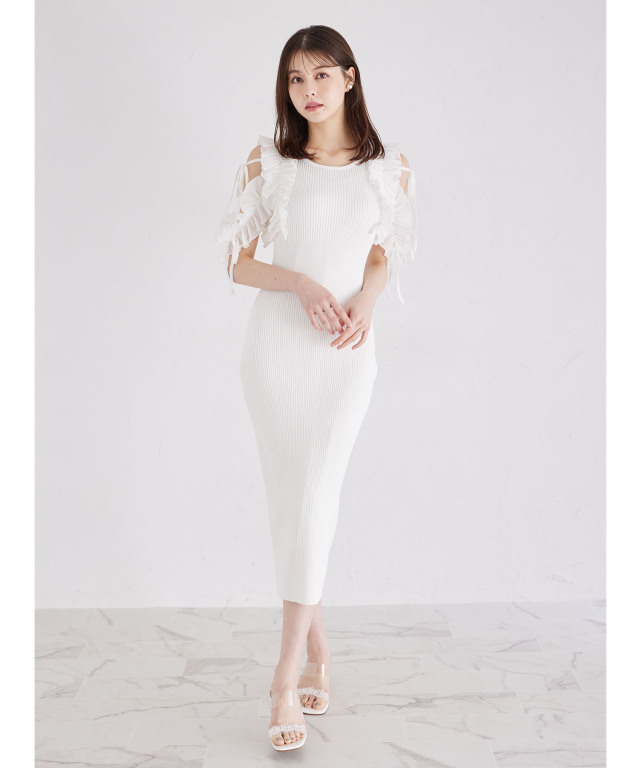 リボン付きシフォンプリーツフリル切り替えリブニットワンピース 