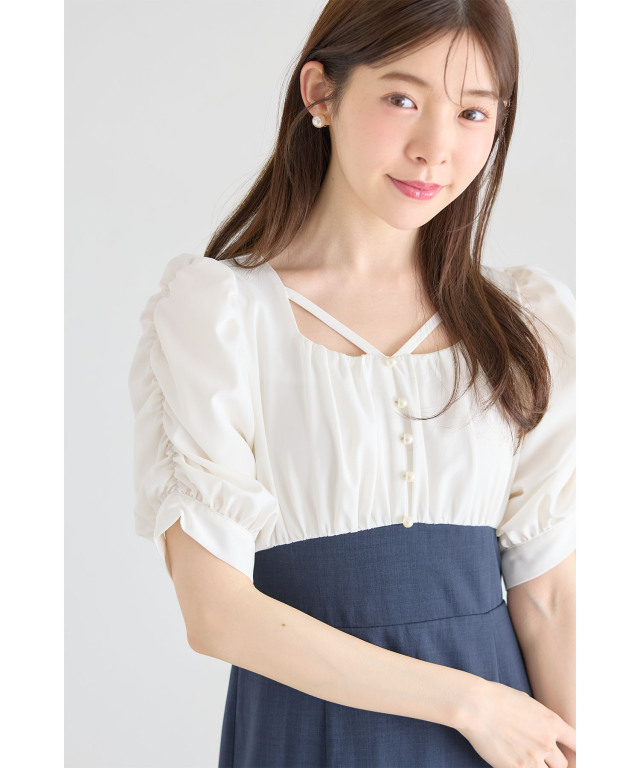 パール付きパワーショルダー配色ドッキングマーメイドワンピース