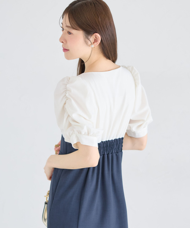 いちこ（感謝） パール付きパワーショルダー配色ドッキングマーメイドワンピース