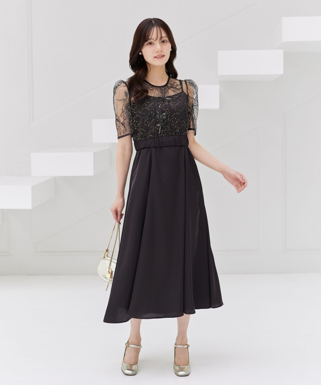 BCBGmaxazria 02 刺繍 レース ドレス Select Shop 刺繍レースシフォンマザードレス グレー/LL｜結婚式