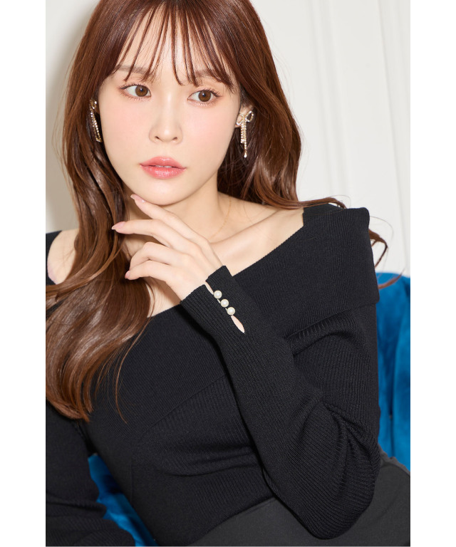 袖口パール付きアシメリブニットドッキングワンピース