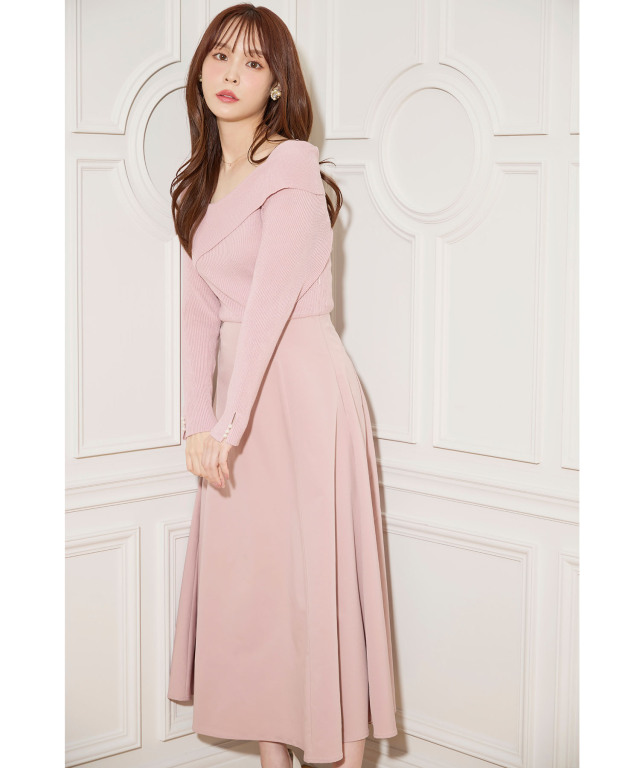 袖口パール付きアシメリブニットドッキングワンピース