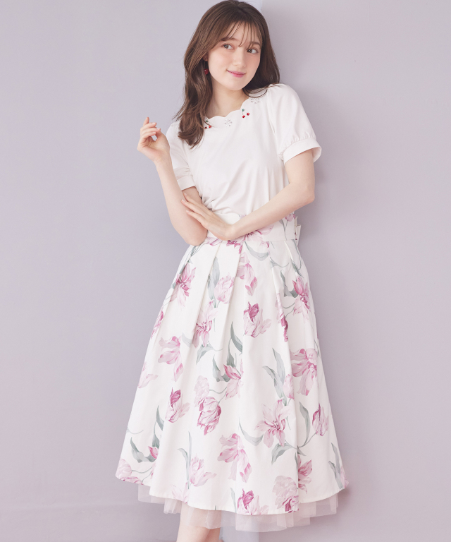 フラワープリント フレアスカート ３ＷＡＹリボン付き後ろチュール×フリル切り替えフラワープリントフレアスカート リトルイーグル　フラワープリント フレアスカート ベージュ系