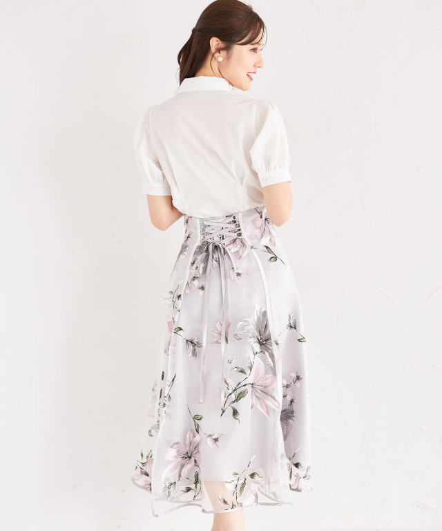 バックレースアップオパールフラワープリントフレアスカート