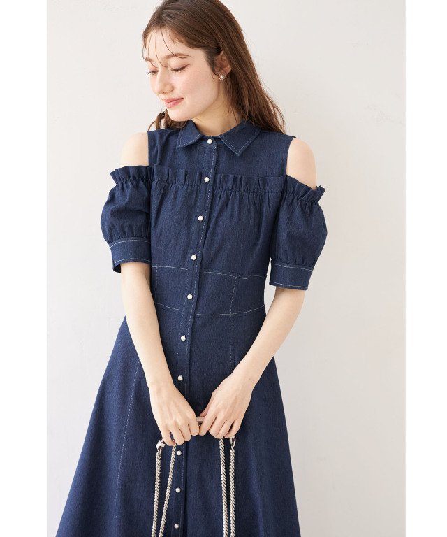 ◆FASHION NOVA◆オフショルダー 裾フリル デニムワンピース★ ◇FASHION NOVA◇オフショルダー 裾フリル デニムワンピース