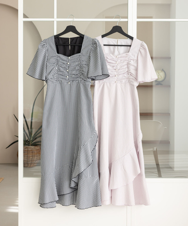 トッコクローゼット フレアスリーブギンガムチェックアシメラッフルワンピース トッコクローゼット tocco closet パール付きフレアスリーブ