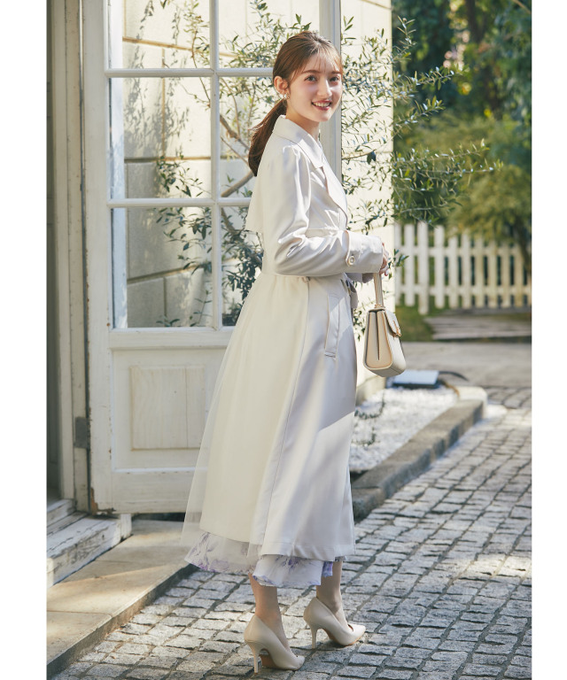 ウエストりぼん付き後ろチュール切り替えトレンチコート