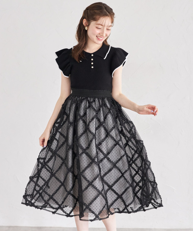 ドット×フリルチェックチュールフレアスカート 