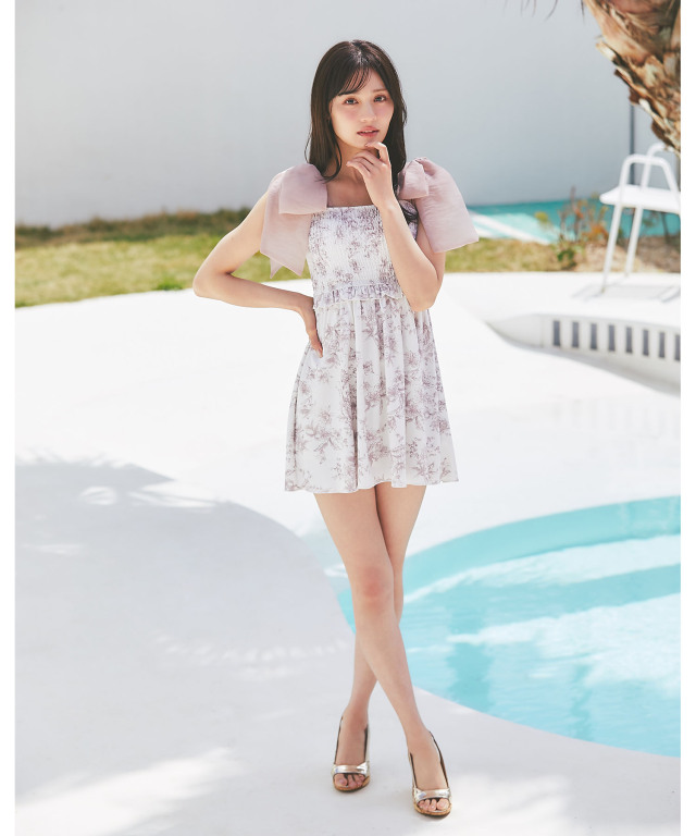 tocco closet シフォンリボンフラワープリントワンピース水着 インナーパンツ付きシフォンリボンフラワープリントワンピース