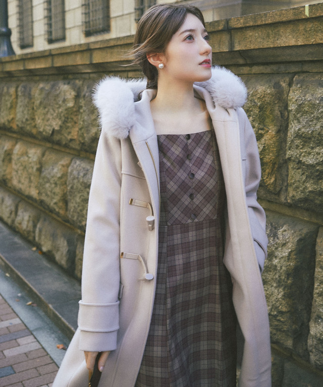 肩ベロアリボン付きチェックワンピース