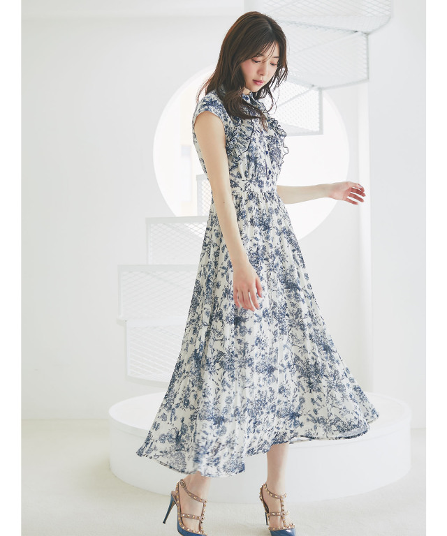 新品　tocco closet フラワープリントシャツプリーツワンピース 紺 フリル付きフラワープリントシャツプリーツワンピース