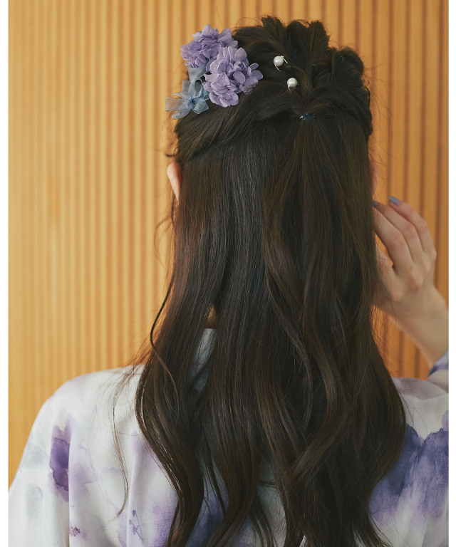 アジサイ×カスミ草リボン＆パール付きヘアアクセサリーセット