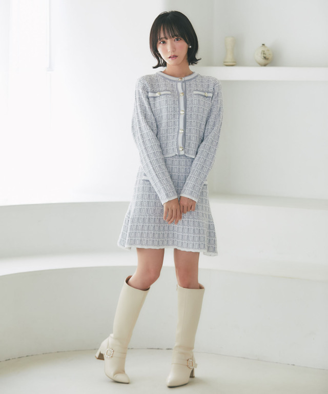 飾りポケット装飾ツイード風ニットミニスカート