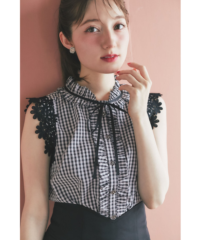 新品タグ付き✨ ラックス 24SS ギンガムチェックブラウス フリル　ネイビー リボン付きフラワー釦ショルダーレースギンガムチェック柄ブラウス