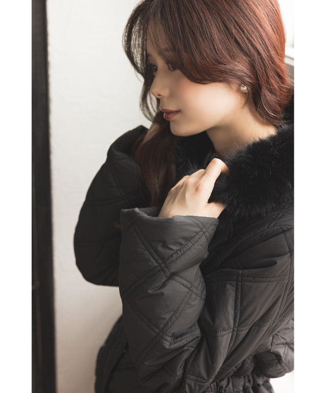 フードファー取り外し可能ドロスト付きキルティングショートコート