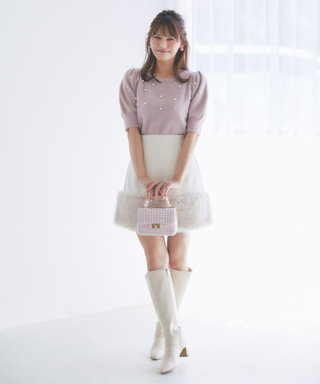 ファー付き 中綿スカート 保温 サイズ1 メタリックベージュ 新品 秋冬