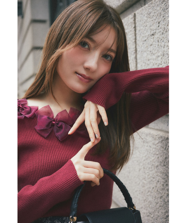シアーリボン付きリブニットプルオーバー