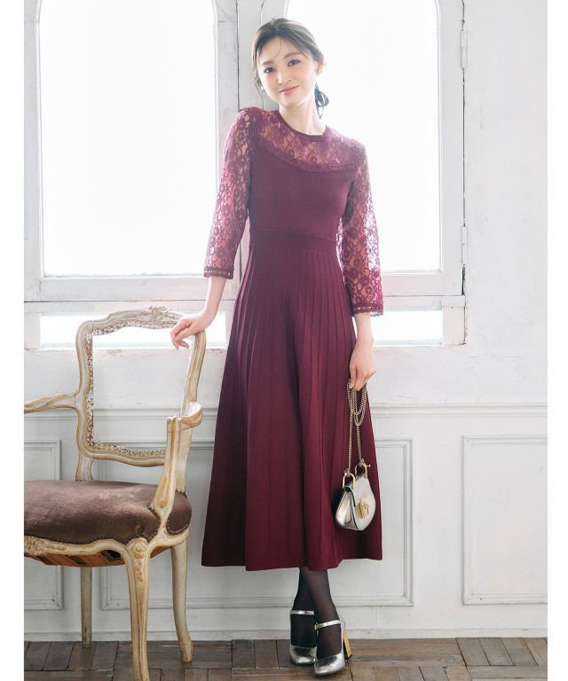 レースドッキングプリーツワンピース メゾンエシェル Maison Echelle