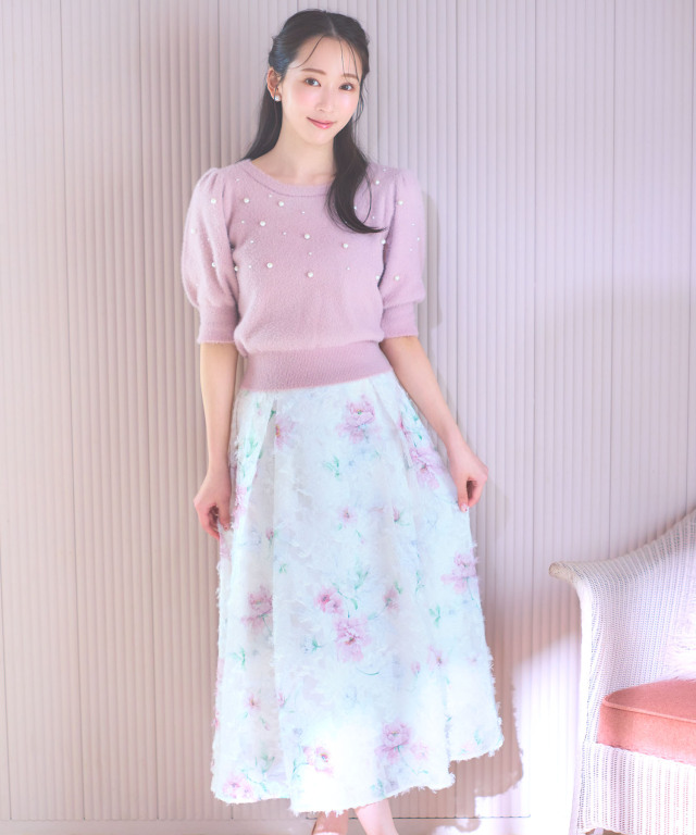 フェミニンな美色で大人っぽく華やぐ水彩フラワープリントフレアスカート　ラベンダー フェミニンな美色で大人っぽく華やぐ水彩フラワープリントフレア