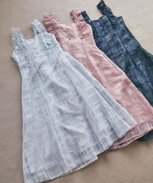 フリル付きバックレースアップシアーチェックワンピース