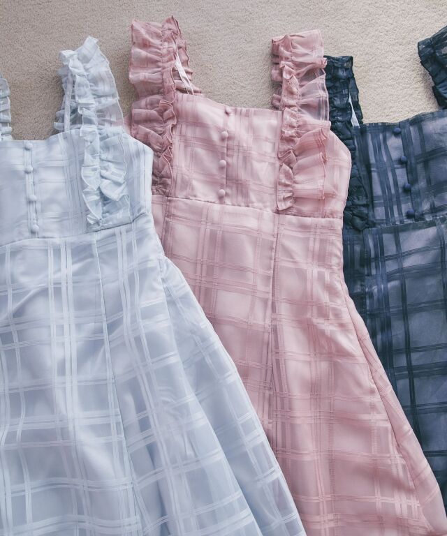 フリル付きバックレースアップシアーチェックワンピース