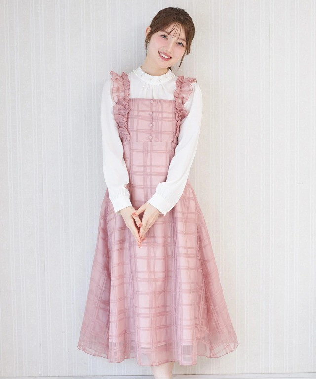 フリル付きバックレースアップシアーチェックワンピース