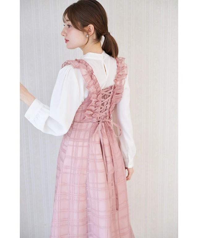 フリル付きバックレースアップシアーチェックワンピース