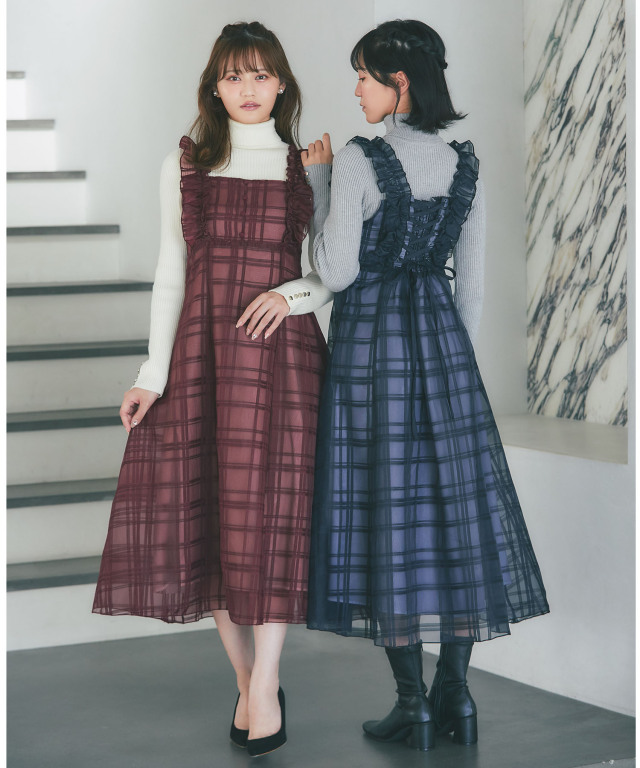 ワンピース Sumire フリル付きバックレースアップシアーチェックワンピース