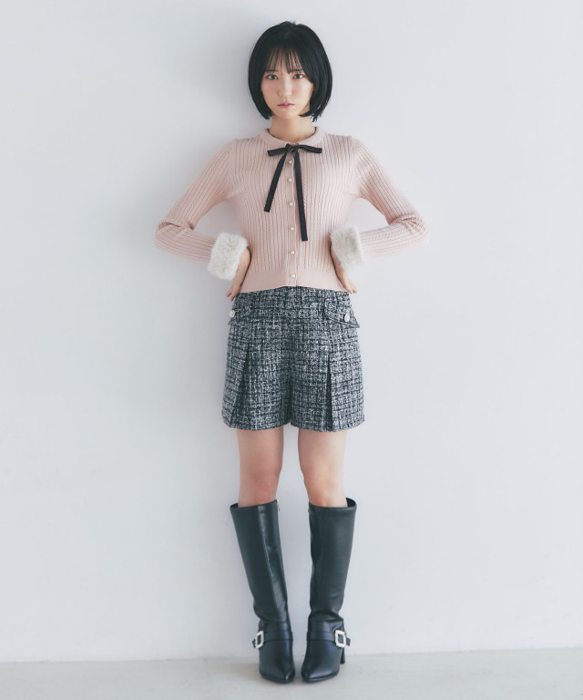 2WAY袖口ファー付きパール釦ニットカーディガン