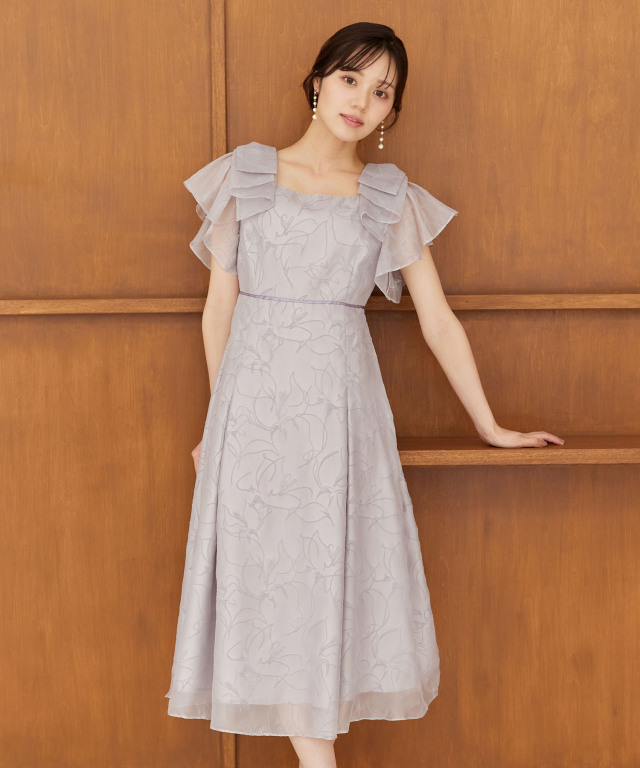 リボンラッフルスリーブラインフロッキーフラワーワンピース