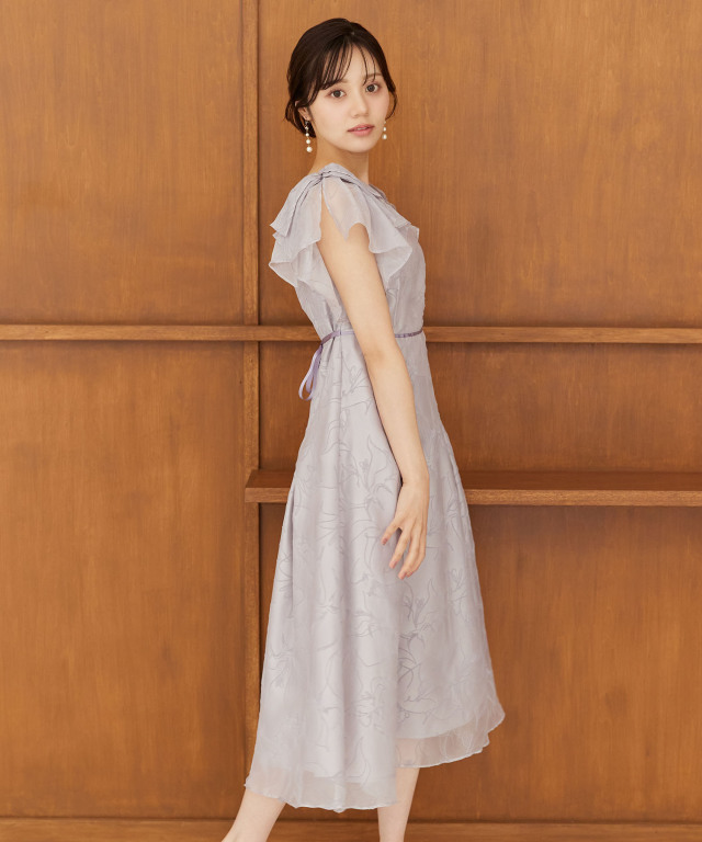 リボンラッフルスリーブラインフロッキーフラワーワンピース