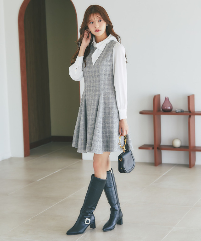 サイドリボン付きツイードドッキングミニワンピース tocco closet サイドリボン付きツイードドッキングミニワンピース