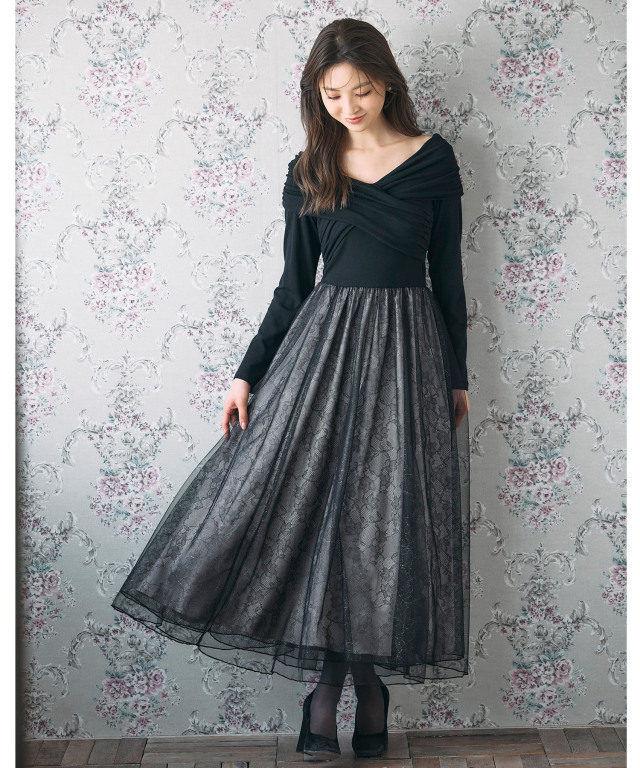 小物 T オフショルカットソー×ラメレースドッキングワンピース